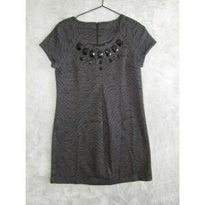 Relativity Womens Gray Zebra Print Embellished Neckline Short Sleeve Shift Dress